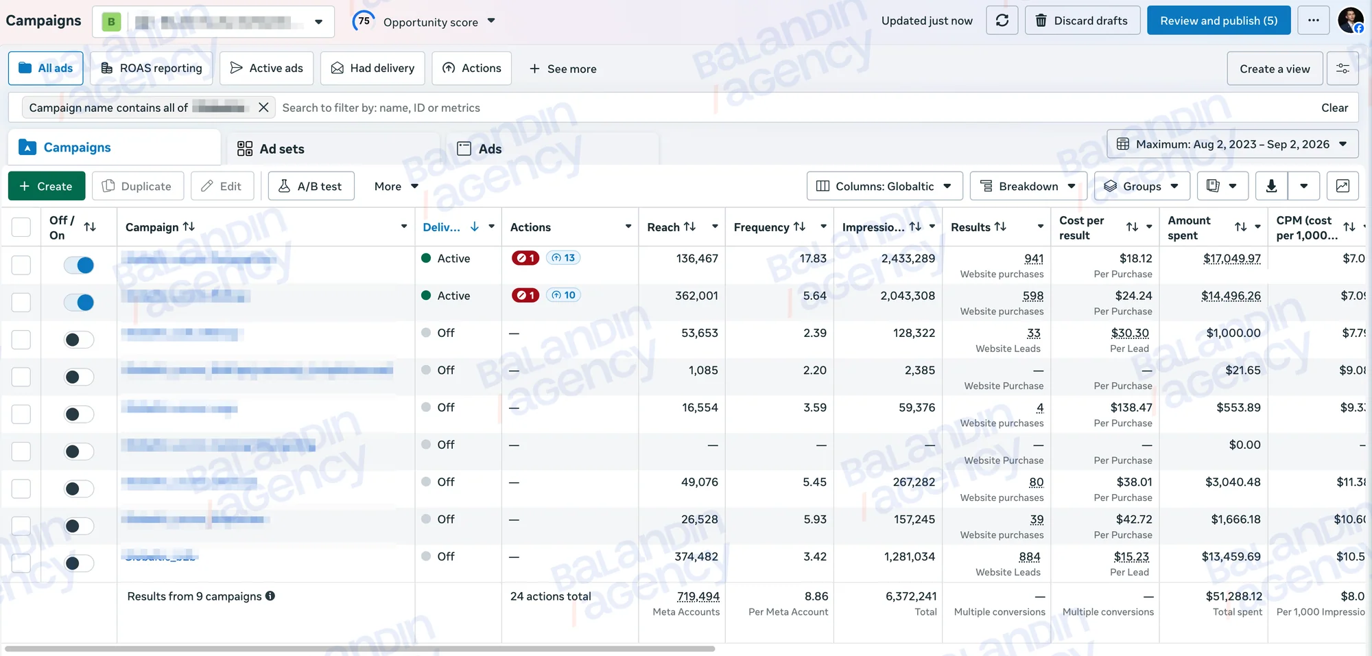 Meta, второй кабинет: 9 кампаний, расход $51 288, покупки по $18–$24, B2B-лиды по $15