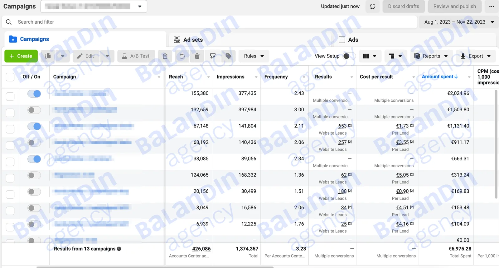 Meta Ads account: 13 campaigns, leads at €0.90–€5.05