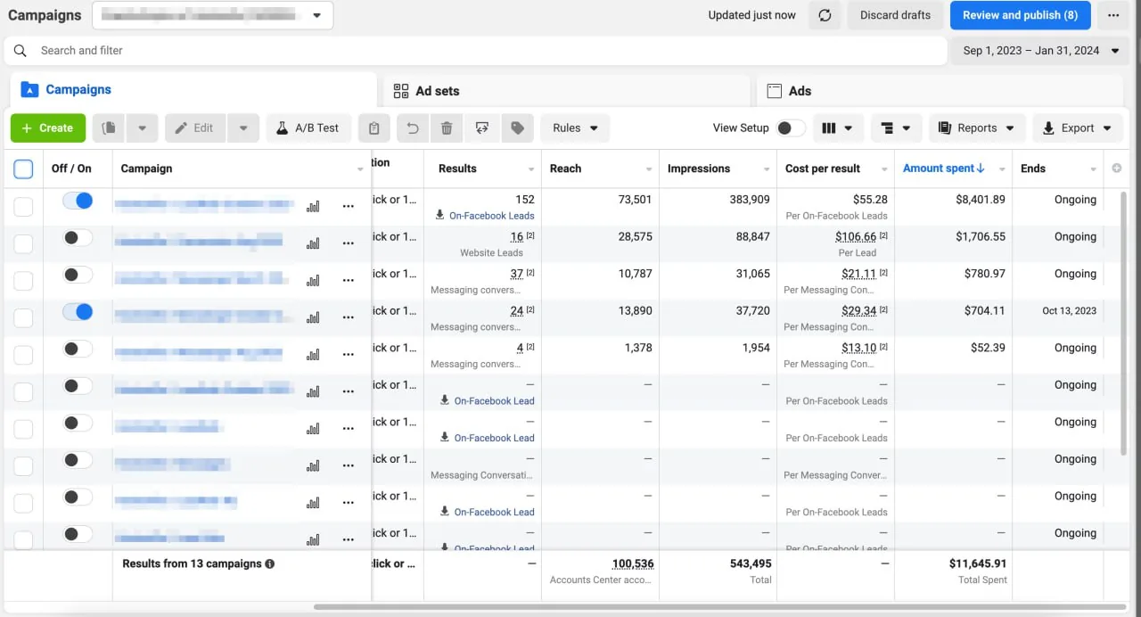 Meta Ads account: 13 campaigns, spend $11,645.91 for September 2023 — January 2024